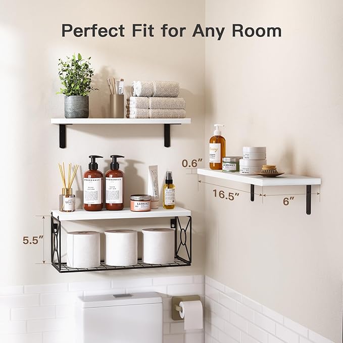 Amada Bathroom Shelves Over Toilet with Storage Basket, Floating Wall Shelves for Home Organization & Wall Decor, Bathroom/Kitchen/Living Room ShelvesWhite-NeatNest