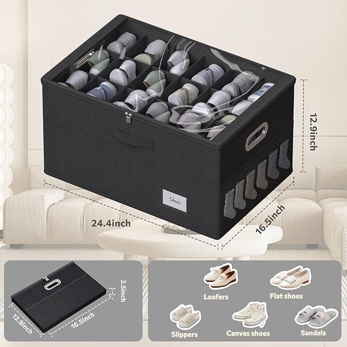 2 Pack Shoe Organizer for Closet Large Shoe Box Storage Containers with Clear Window Space Saving Shoe Bin with Foldable Bottom Support Adjustable Dividers Fits 32 Pairs (Black, (24.4*16.5*13inch)x2)-NeatNest