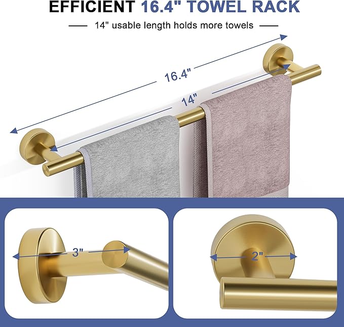 Brushed Gold Towel Bar, 14 Inch Towel Racks for Bathroom Wall Mounted, SUS304 Stainless Steel Bathroom Towel Holder, Total Length 16.4 Inch Towel Bars