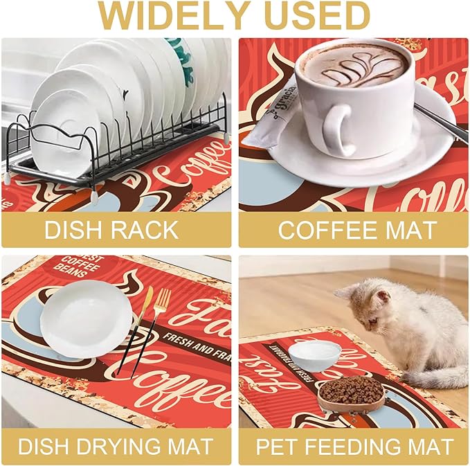 Coffee Dish Drying Mats for Kitchen Counter Absorbent Fast Dry Dish Drainer Rack Mats for Dishes Utensils Pot and Pan, Kitchen Accessories 24"x16"-NeatNest