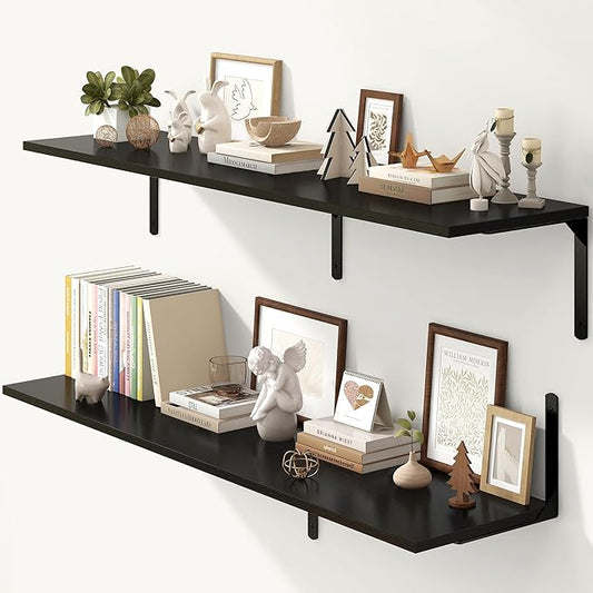 Fun Memories Floating Shelves for Wall, 12 Inch Deep Floating Shelves Set of 2, Wall Mounted Shelf with Metal Brackets, Rustic Wood Wide Shelf for Bathroom, Kitchen and Living Room, Black, 55W x 12D-NeatNest