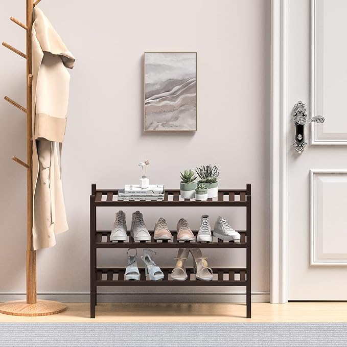 3 Tier (Thick) Bamboo Shoe Rack for Closet Free Standing Wood Shoe Shelf for Entryway Small Space Stackable 27"x12"x21" (Black Brown)-NeatNest