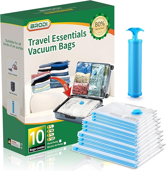 BRODI Travel Vacuum Bags With Pump - Compression Storage Bags for Space Saving & Luggage Essentials (10 Combo Pack)-NeatNest