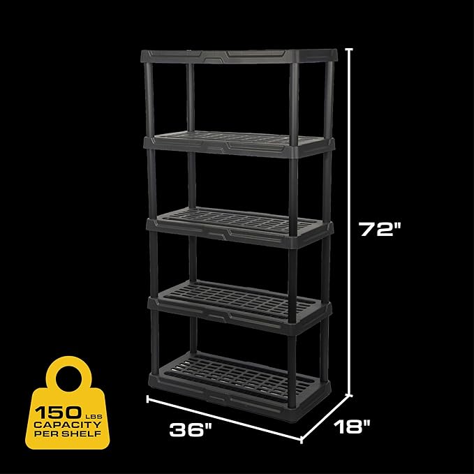 CX 5-Tier (72”H x 36”W x 18”D) Plastic Storage Shelving Unit (Black), Heavy Duty, 150lbs Per Shelf Capacity, Indoor/Outdoor Storage and Organization in Home, Garage, Office with Easy Assembly-NeatNest
