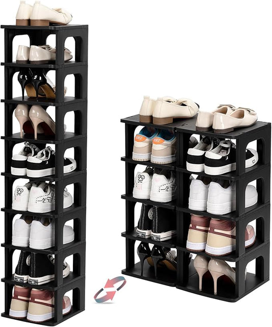TRZZ 10-Tier Small Shoe Rack, Vertical Narrow Stackable Organizer with Removable Partition, Efficient Shoe Storage for Closet, Entryway, and Small Spaces (Black)-NeatNest