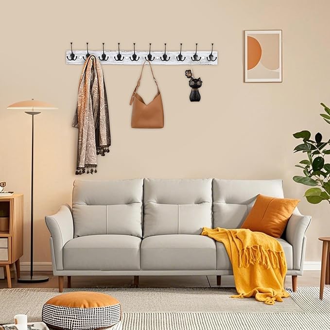 IBosins 34'' Coat Rack Wall Mount with 10 Tri-Hooks, Heavy Duty, Vintage White Color Wood Coat Hanger, Rustic Coat Hooks Rail for Entryway Living Room Coat Scarf Bag Towel Hat