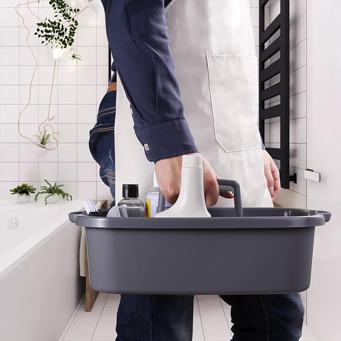 2-Pack Large Gray Cleaning Caddy for Cleaning Supplies with Handle - Portable Plastic Tote Organizer for Shower, Bathroom, Kitchen, Under Sink Storage