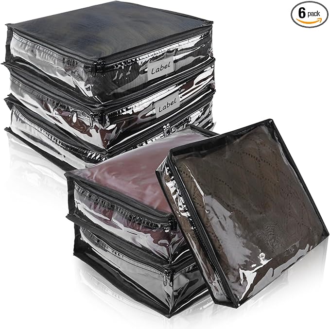 Clear Zippered Storage Bags Plastic Sweater Storage Bags with Zipper 6 Packs Clothing Organizer for Blankets Linen Sweater Bed Sheet Quilt Clothes Pillow (15.7 x 13.8 x 3.9 Inch, Black)-NeatNest
