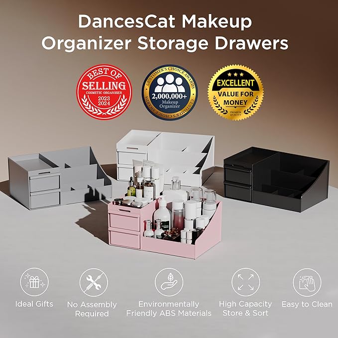 Makeup Organizer Countertop, Vanity Organizer with Drawers for Cosmetics, Skincare, Brushes, Perfume, Skincare Organizer for Vanity, Perfume Organizer for Dresser, Bathroom (Pink&2 Drawers)-NeatNest
