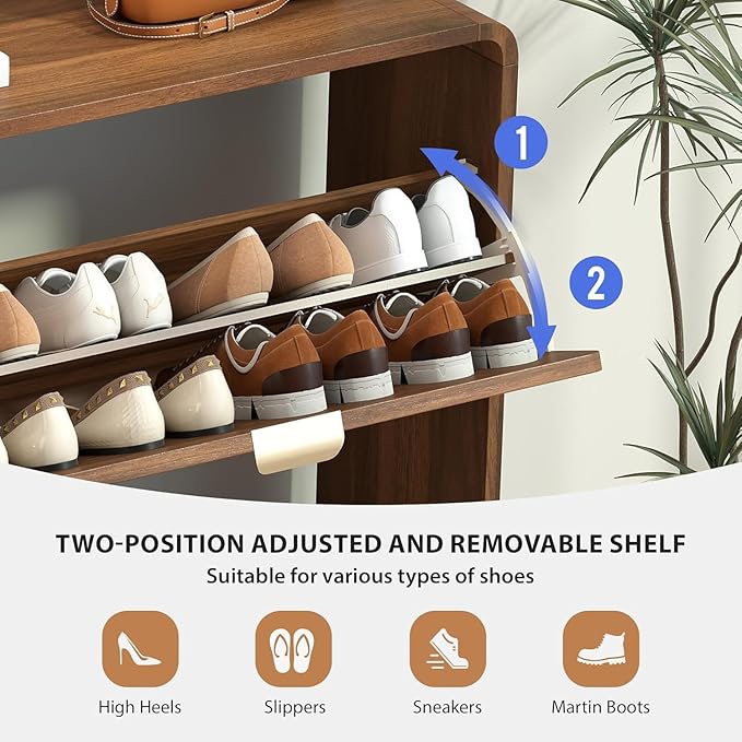 Curved Narrow Shoe Cabinet for Entryway with 4 Flip Drawers, Wooden Shoe Storage Cabinet with Stripe Panel, Freestanding Shoe Organizer Farmhouse Closed Shoe Rack for Hallway, Foyer(Walnut)-NeatNest