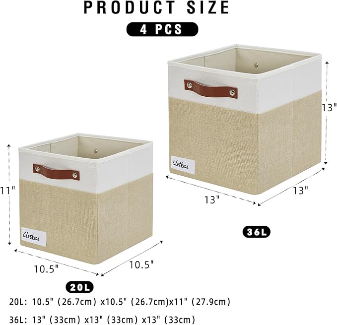 Collapsible Fabric Storage Cube Bins with 2 Reinforced PU Handles, Foldable Storage Organizer Baskets for Closet, Shelves, Living Room | 11"x11"x11", 4 Pack, Beige & White-NeatNest