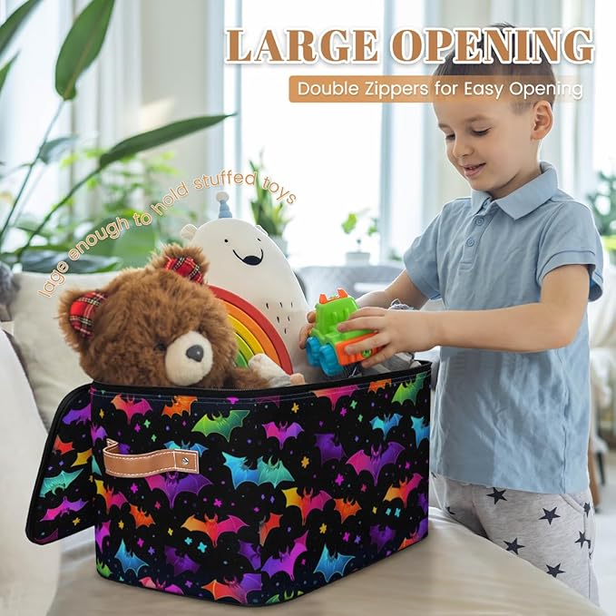 Halloween Bat Storage Bins with Lids, Colorful Bats Fabric Storage Boxes with Zipper, Collapsible Decorative Closet Organizer Cube for Clothes,Organizing, Shelves-NeatNest