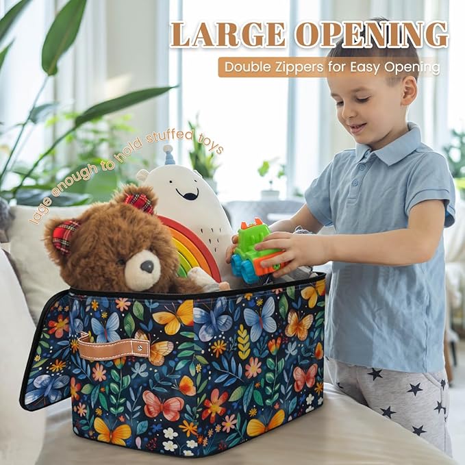 Colorful Butterfly Storage Bins with Zipper Lid, Spring Floral Lidded Storage Baskets Boxes Foldable Organizer with Leather Handles for Clothes Closet Shelf Toys-NeatNest