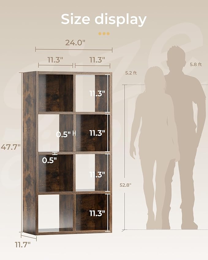 GTPLAYER 8-Cube Storage Organizer, Fits 11" Bins, Vertical or Horizontal Use, Opening Bookshelf, Partial Back Panels, Stackable Design Bookcase, for Living Room, Media Console, Hallway, Rustic Brown
