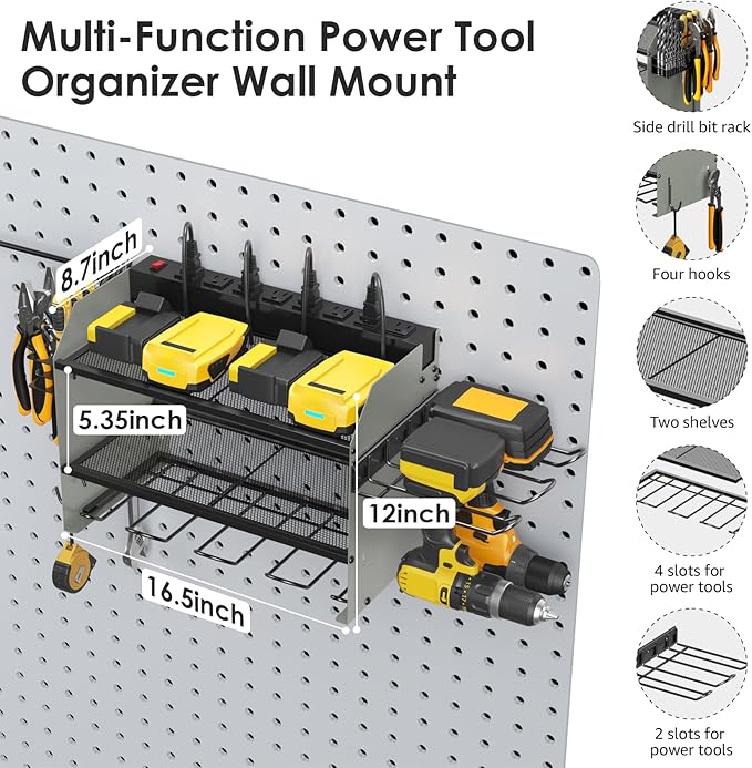 CCCEI Modular Power Tool Organizer Wall Mount Charging Station, Grey 6 Drills Holder with 8 Plug Power Strip 6FT, Garage Drill Battery Heavy Duty Metal Shelf, Utility Rack with Hooks, Side Storage.-NeatNest