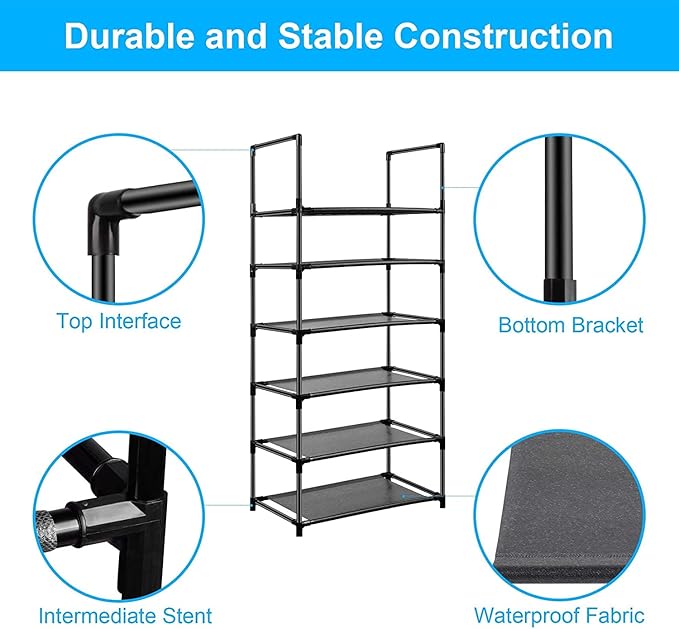 6 Tier Metal Structure Free Standing Shoe Rack for Small Space Entryway, Bedroom, Closet, Narrow Vertical Shelf Organizer for Space Saving Storage-NeatNest