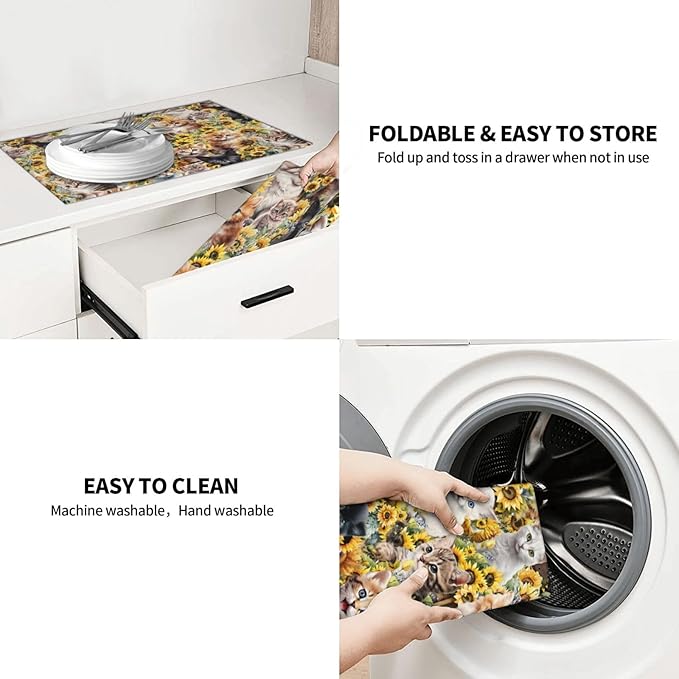 Cute Cat Dish Drying Mat 18 x 24 Inch for Kitchen Counter Cute Kitchen Mat Microfiber Kitchen Countertop Absorbent Reversible Drainer Rack Pad Dish Drying Mat-NeatNest