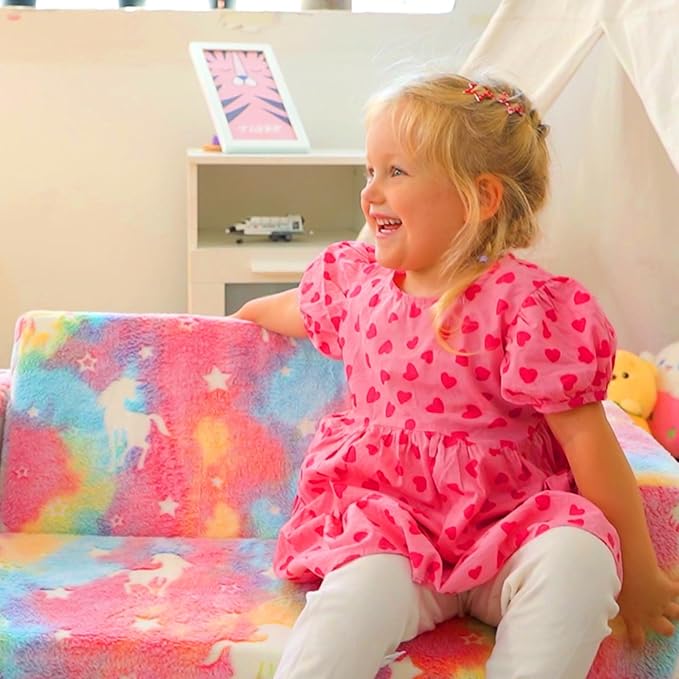 ALIMORDEN Fold Out Toddler Couch, Extra Wide Comfy 2-in-1 Cuddly Sherpa Sofa for Kids, with Removable Baby Friendly Blanket, Convertible Sofa to Bed, Unicorn-NeatNest