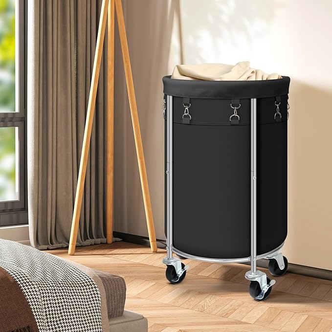 Laundry Hamper with Wheels, 100L Round Rolling Laundry Basket Sorter with Removable Bag, Clothes Cart Organizer with Steel Frame for Bedroom, Bathroom, Laundry Room, Black