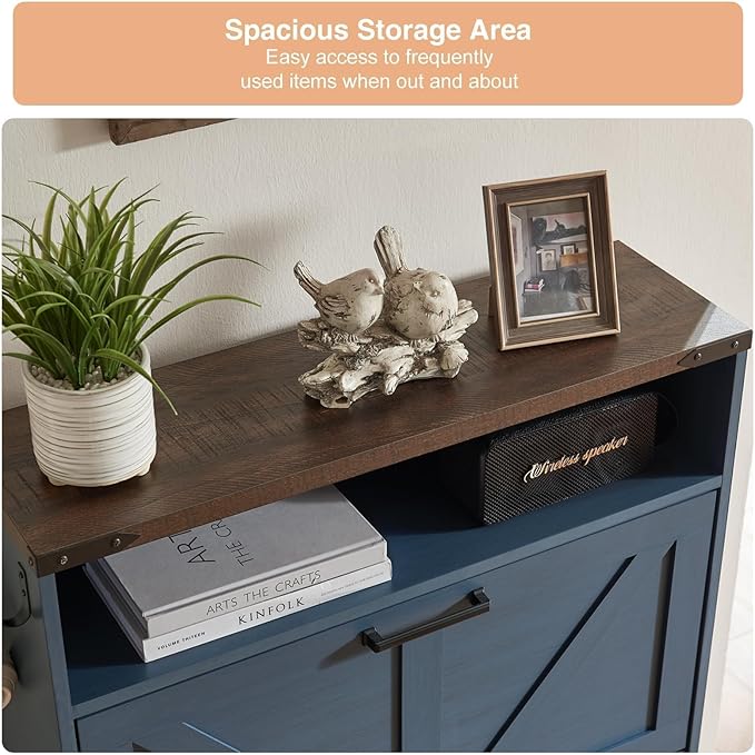Shoe Storage Cabinet,Farmhouse Shoe Organizer with 2 Flip Drawers & Barn Door Design,Freestanding Hidden Slim Narrow Shoe Rack Cabinet with Open Storage for Entryway, Foyer,Hallway,Blue-NeatNest