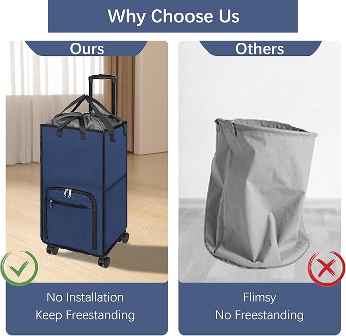 Bukere Extra Large Rolling Laundry Basket with Wheels, 90L Freestanding Collapsible Laundry Hamper Bag for Clothes Storage, Removable Wheeled Cart for College Dorm Apartment Laundry Room Bathroom-NeatNest