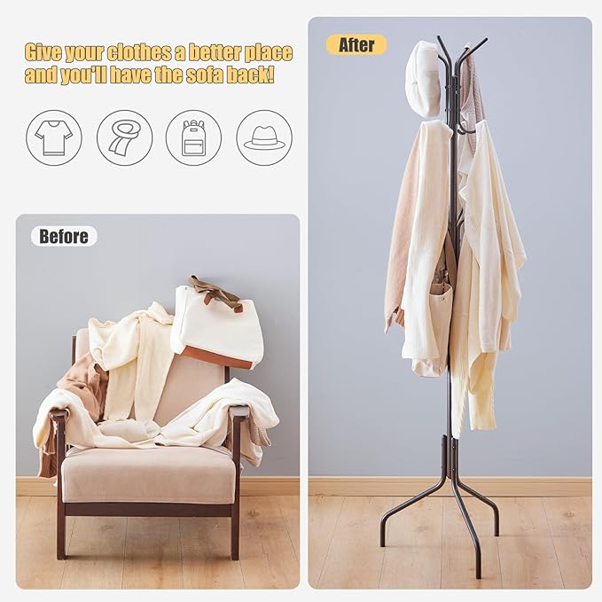 Coat Rack Freestanding,hat and coat rack stand for entryway,Living Room,Bedroom,Metal coat tree with12 Hooks and 3 Legs (Brown)-NeatNest