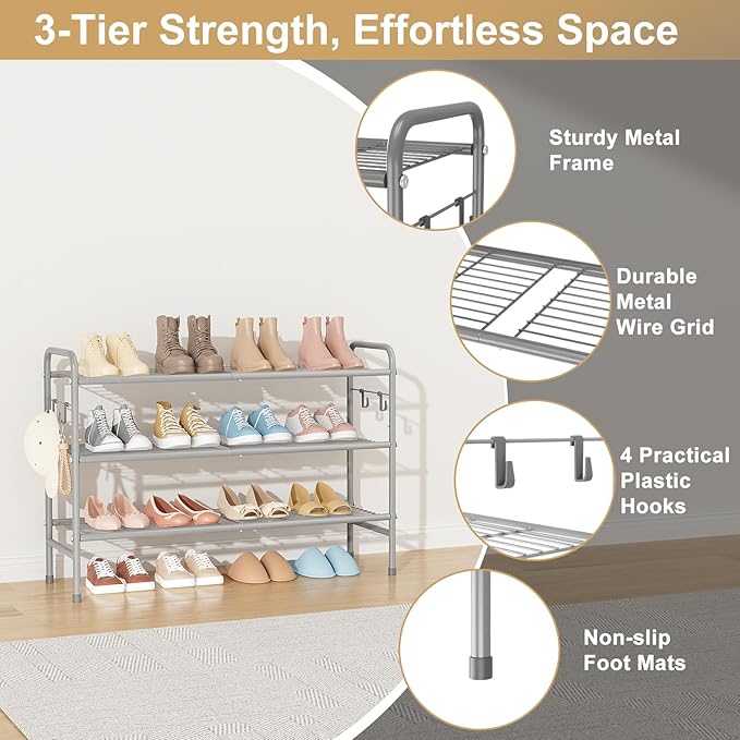 3 Tier Shoe Rack 33" Wide Metal Shoe Organizer Long Shoe Storage with 4 Side Hooks Sturdy Shoes Shelf for Front Door Entrance, Closet, Garage, Dorm, Grey-NeatNest