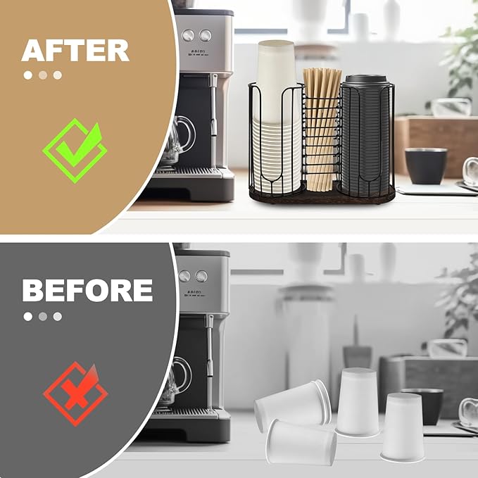 3-Compartment 18oz Coffee Cup Dispenser Rack with Wood Base, Disposable Cup, and Lid Organizer for Countertop - Perfect for Paper Cups, Straws, and Kitchen Cabinet Storage-NeatNest
