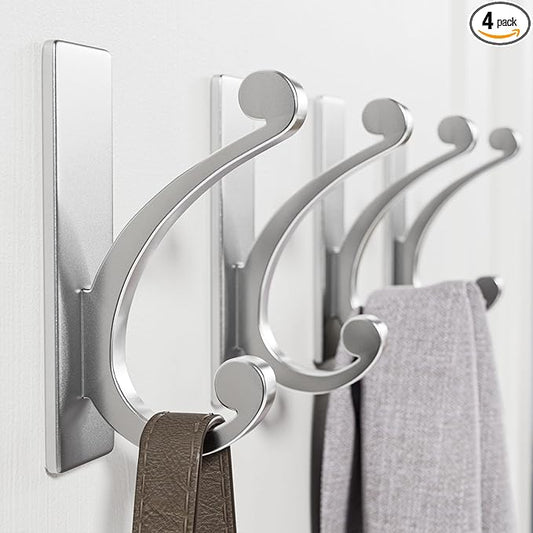 Adhesive Wall Hook for Towel/Coat - Extra Sticky 10LB Stainless, Stick on Hanger for Bath or Shower, Matt Silver 4-Pack
