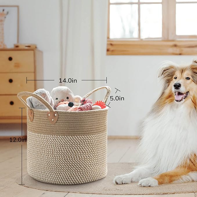 CHICVITA Large Wicker Jute Woven Storage Basket with Handles – Blanket Laundry Basket for Toys Towels Home Decor, White, 14" x 14" x 12"-NeatNest