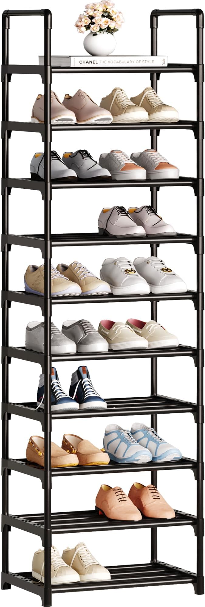 10 Tier Tall Shoe Rack Organizer 20-25 Pairs Shoe Tower Shelf,Metal Shoe Storage,Lager Shoe Storage for Closet Entryway(Black)-NeatNest