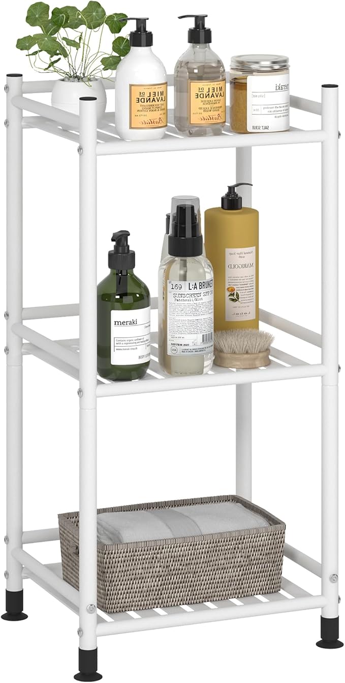 3 Tier Bathroom Storage Open Shelf Unit, Free-Standing Metal Corner Rack Shelving for Kitchen, Living Room, Hallway (Matte White, 3 Tier)-NeatNest