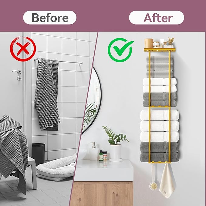 Towel Racks for Bathroom, 36.6 inch Metal Towel Storage, 8 Large Bath Towels Capacity, 3-Tier Towel Holder for Bathroom, with Shelf & 6 Hooks, Wall Mounted Towel Rack for Rolled Towels, Gold