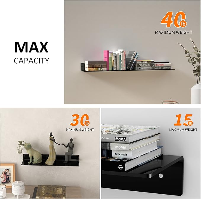 Black 12, 24 & 36 Inches Acrylic Floating Shelves, Black Multi Size Wall Shelves 36 24 12, Living Room Wall Décor Storage Shelves for Decorations, Plant Stands-NeatNest