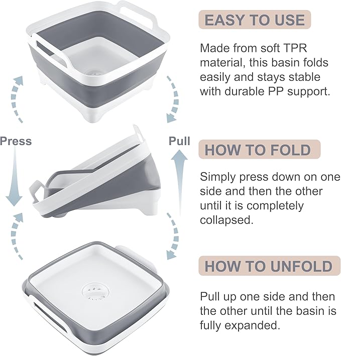 2.4 Gal(9L) Collapsible Dish Basin with Drain Plug, Space Saving Outdoor Multiuse Foldable Sink Tub, Dishpan, Kitchen Storage Tray for Camping, Vegetable Washing, RV (Gray)-NeatNest