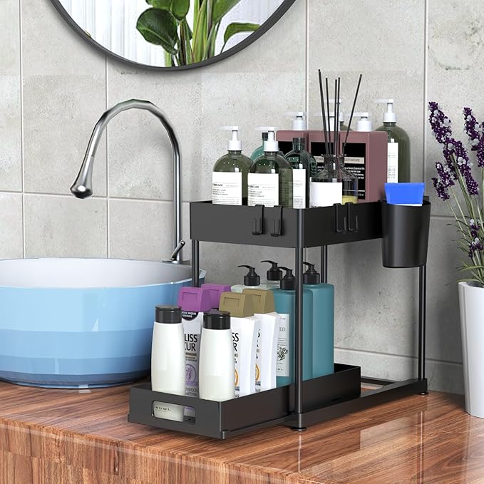 Under Sink Organizers and Storage, 2 Pack Large Capacity Heavy Load Pull-out Under Sink Shelves with Sliding Drawer for Kitchen and Bathroom, Black, 12 x 8.7 x 15.7 inch-NeatNest