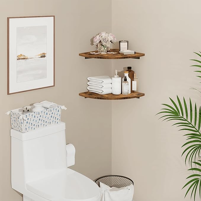 Homode Corner Shelf Wall Mount, 12 Inch Wood Floating Corner Shelves with Cord Hole, Set of 2 Large Corner Hanging Shelves for Bathroom Bedroom Kitchen, Rustic Brown