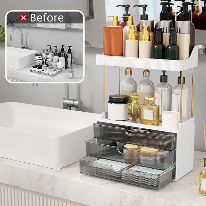 3 Drawers Bathroom Counter Organizer, 5 Tier Makeup Organizer, Versatile Perfume Organizer, Ideal for Bathroom Storage, Vanity, Large Skincare, Perfume, Present, Grey-NeatNest