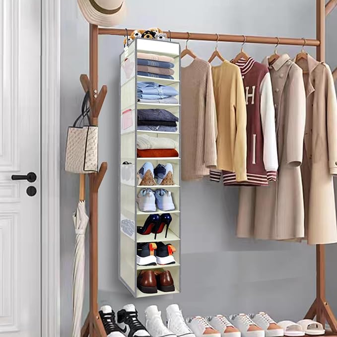 2 Pack Large-Sized Hanging Shoe Organizer 10-Shelf, Sturdy Hanging Closet Organizer with 8 Side Pockets, Wider Hanging Shelves for Storage Shoes Clothes Jeans Shirts Toys, Beige-NeatNest