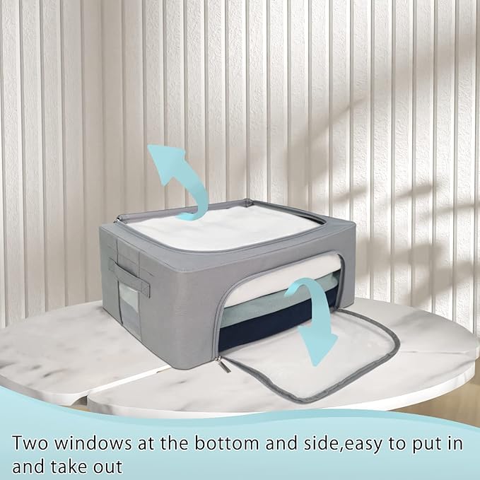 Clothes Storage Box Bins Stackable Foldable Organizer,Sturdy Handles with Metal Frame for Clothing Bedding Shelves,Closet Container with Clear Window Zipper and Label Holder (Gray, 22L x3 Pack)-NeatNest