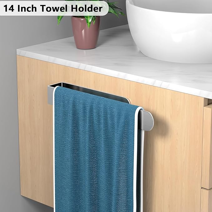 HUFEEOH Adhesive Hand Towel Holder, 8 Inch Sticky Towel Bar and 14 Inch Towel Holder Wall Mounted, Stainless Steel Kitchen Towel Holder Hand Towel Rack for Bahtroom Hotel RV Kitchen (Silver-8"&14”)