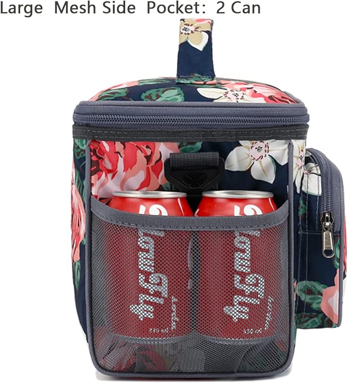 FlowFly Insulated Reusable Lunch Bag Adult Large Lunch Box for Women and Men with Adjustable Shoulder Strap,Front Zipper Pocket and Dual Large Mesh Side Pockets,Peony-NeatNest