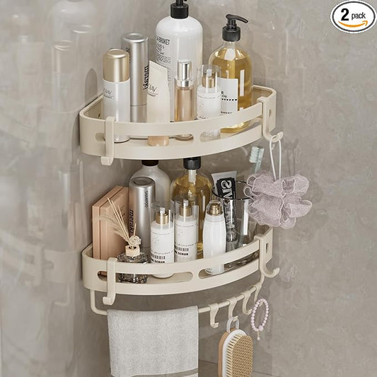 Adhesive Shower Corner Caddy，Heavy Duty Shower Corner Shelves Rack with 8 Hooks and 1 Towel Bar，Rustproof Bathroom Organizer No Drilling Wall Mounted(2-Pack-Cream)
