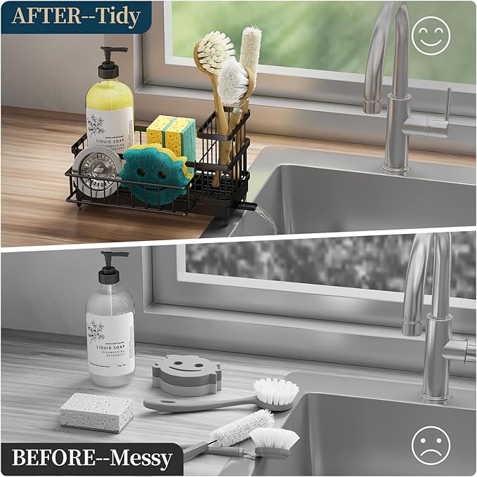 Consuemst Sponge Holder for Kitchen Sink - Auto Draining Sink Caddy Organizer with Detachable Rack, High Brush Holder, Kitchen Countertop Storage Accessories, Black-NeatNest