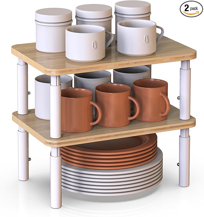 Cabinet Organizer Shelf, Spice Rack Set of 2 Kitchen Pantry Cupboard Shelves, Stackable, Height Adjustable, Natural Bamboo (11.7" Wx77.Dx6.57 H per Pack)-NeatNest