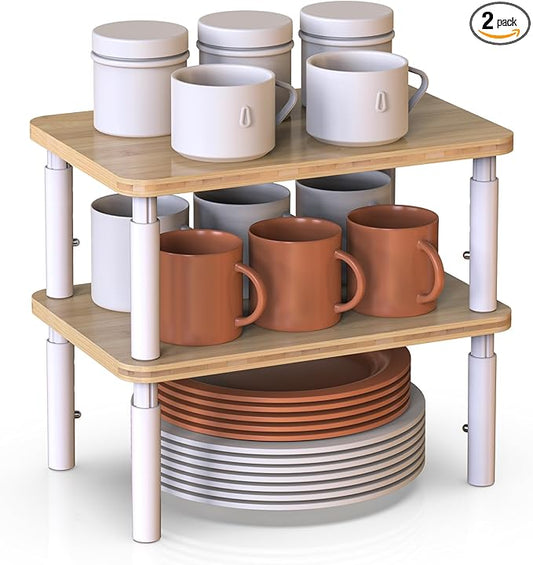 Cabinet Organizer Shelf, Spice Rack Set of 2 Kitchen Pantry Cupboard Shelves, Stackable, Height Adjustable, Natural Bamboo (11.7" Wx77.Dx6.57 H per Pack)-NeatNest