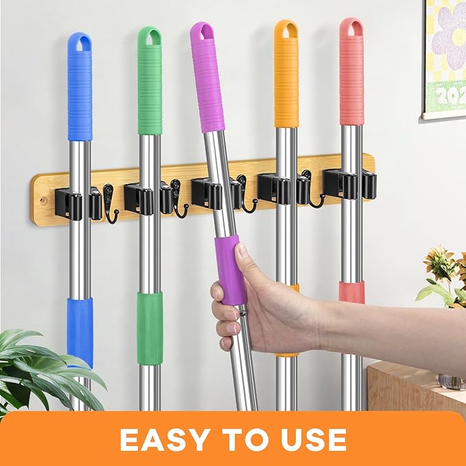 IMILLET Broom Holder Wall Mount, Bamboo Broom Hanger with 5 Racks 4 Hooks, Mop and Broom Holder Wall Mount Self Adhesive, Home Organization and Storage for Laundry Room, Closet, Utility Room (1 Pack)-NeatNest