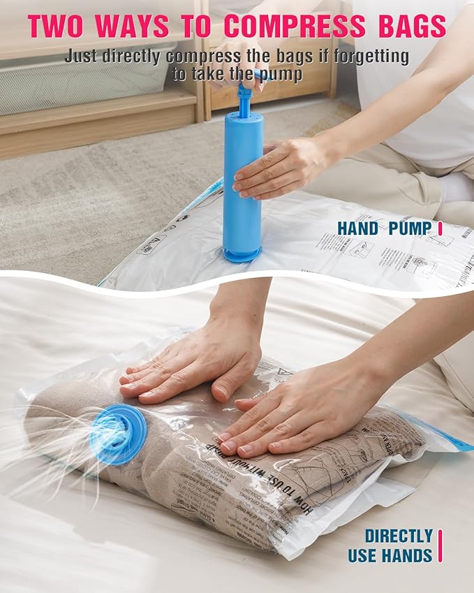 Travel Vacuum Storage Bags with Hand Pump, 8 Pack (4S+4XS) Vacuum Seal Bag Travel Essentials Space Saving Bags for Clothes, Luggage, Carry-on Suitcase, Backpack, Holiday Business Trip-NeatNest