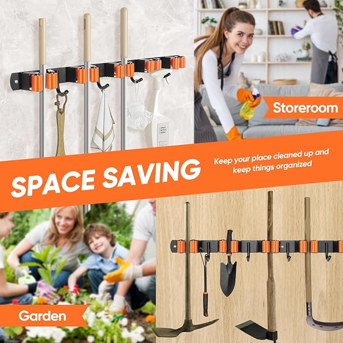 Gorlary Mop and Broom Holder Wall Mount, Broom Hanger Organizer Storage Racks, 17" SUS304 Stainless Steel Heavy Duty Utility Hooks, Black (5 Racks and 4 Hooks)-NeatNest