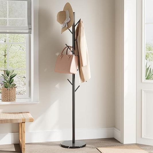 ELYKEN Coat Rack Freestanding with Natural Marble Base, Metal Coat Rack Stand with 10 Hooks, 3 Adjustable Size Coat Tree for Bags, Clothes, and Hats for Entryway, Bedroom, Hallway, Office, Black-NeatNest